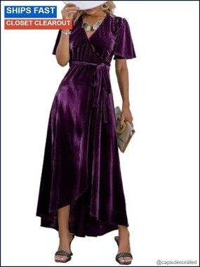 Velvet V Neck Faux Wrap Semi Formal Maxi Dress Wedding Guest